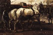 George-Hendrik Breitner Two White Horses Pulling Posts in Amsterdam oil painting picture wholesale